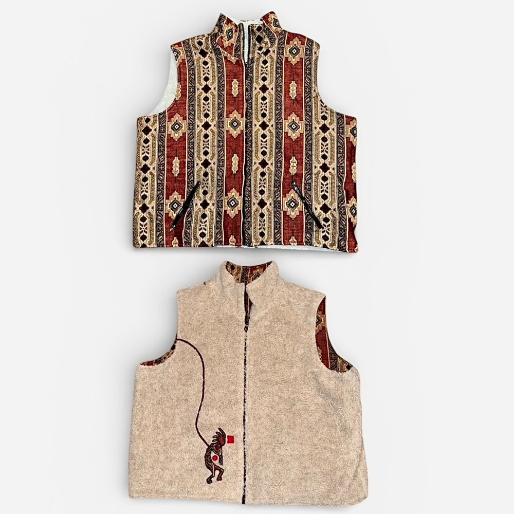 Vintage Tribal Sherpa Tapestry Reversible Cozy Southwest Zip Up Vest Size XL
